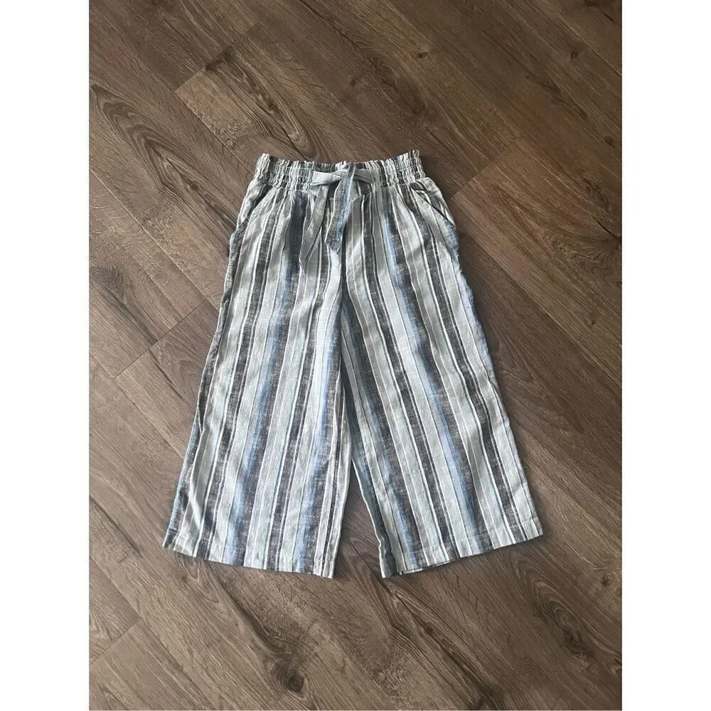 Justice Girl's Wide Leg Linen Belted Pants Blue White Gray Stripes Sz 8